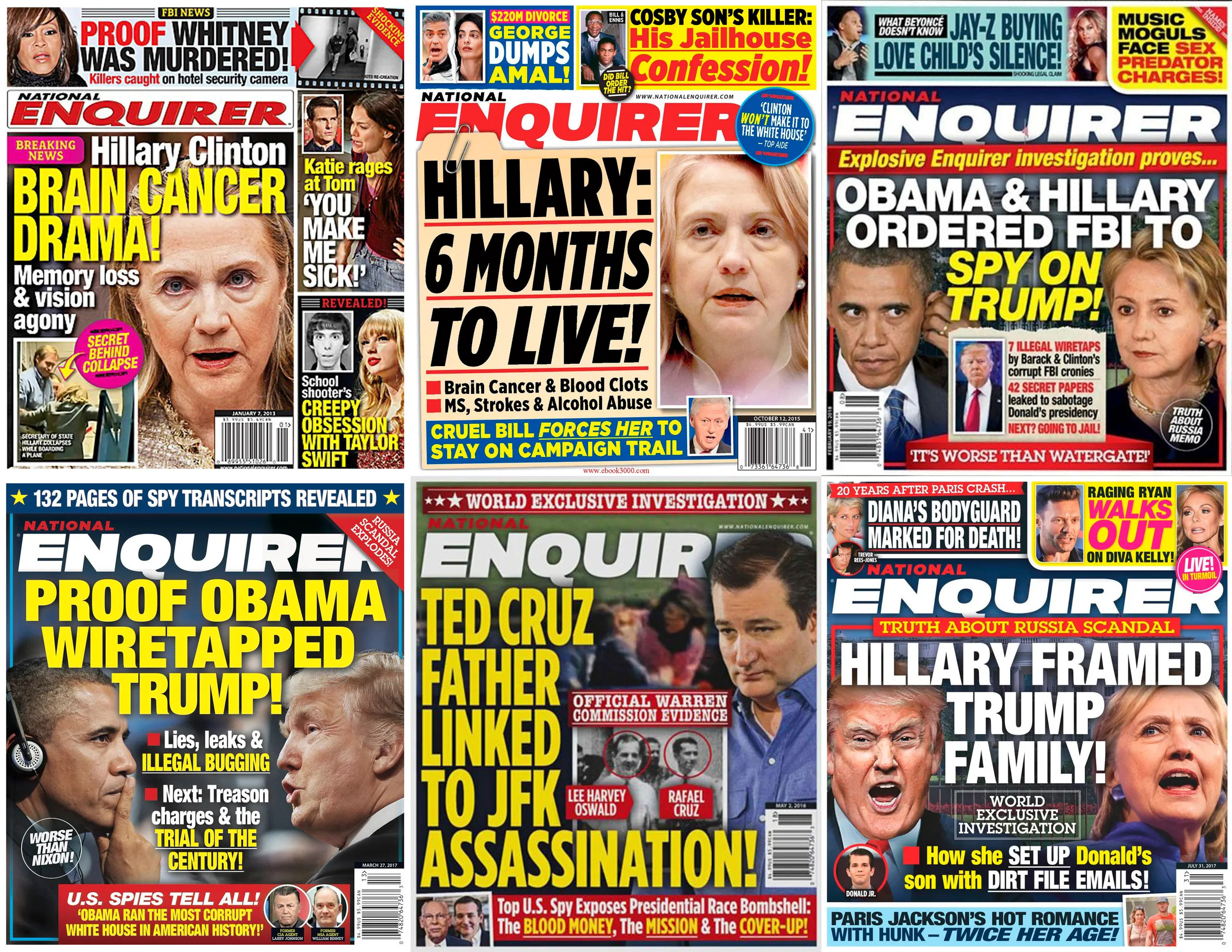 Una selección de historias que el National Enquirer estaba publicando antes de las elecciones de 2016